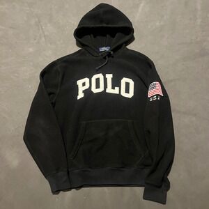 Polo Ralph Lauren Mens Black Fleece Hoodie USA Flag Patch Spellout Small